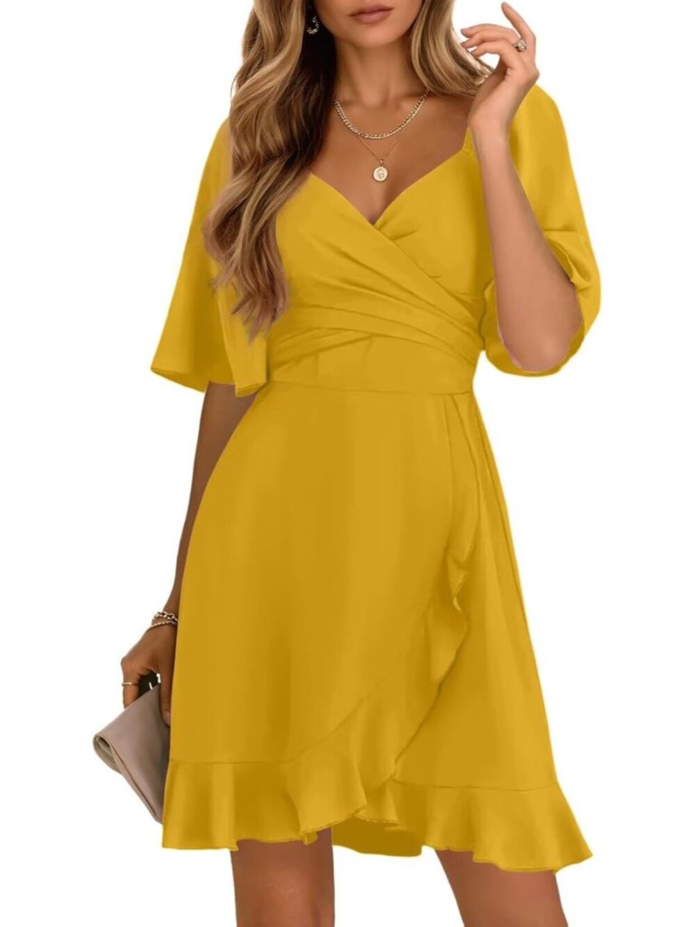 Women's Citrus Wrap V Neck Short Sleeve Elastic Waist Wedding Guest Mini Dresses